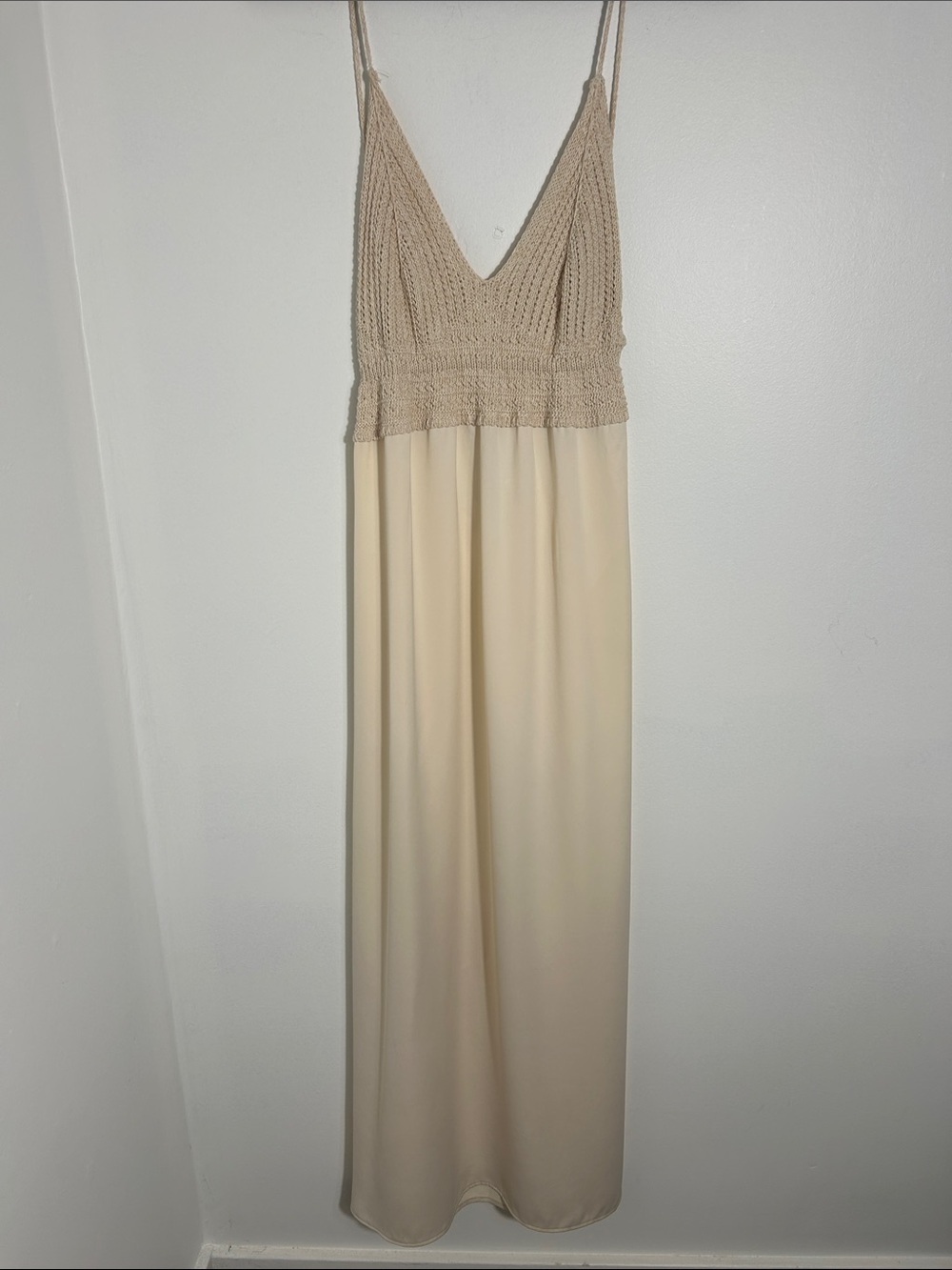 Zara Cream Crochet Knit Bodice Open Back Maxi Dress Tie Back Size Large